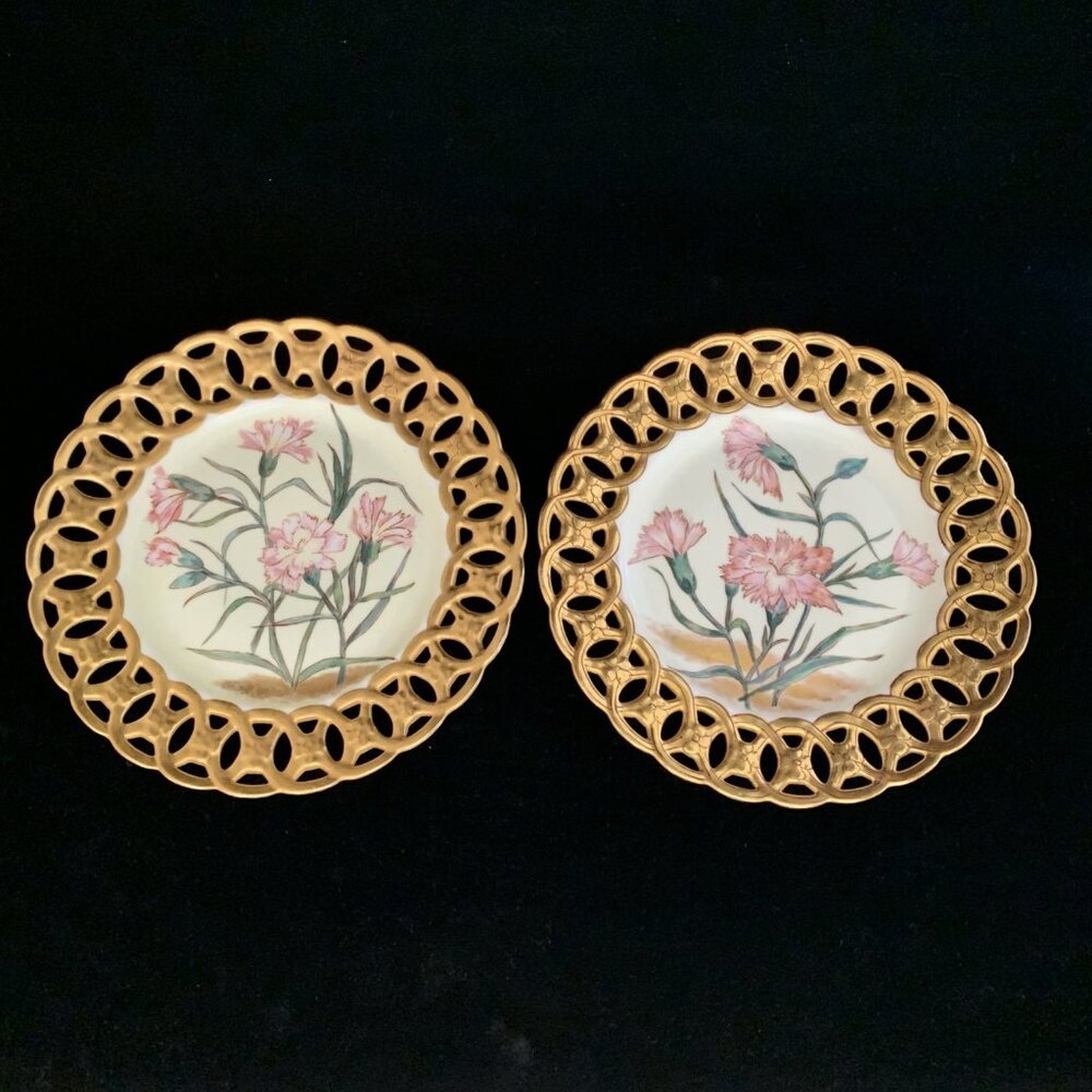 2 Antique Carl Tielsch Reticulated Porcelain Plates Altwasser Silesia 8.5"
